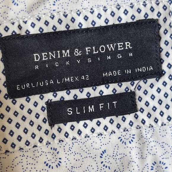 Denim & Flower NEW Ricky Singh Navy Blue & White Cotton short sleeve  L slim - Picture 6 of 9